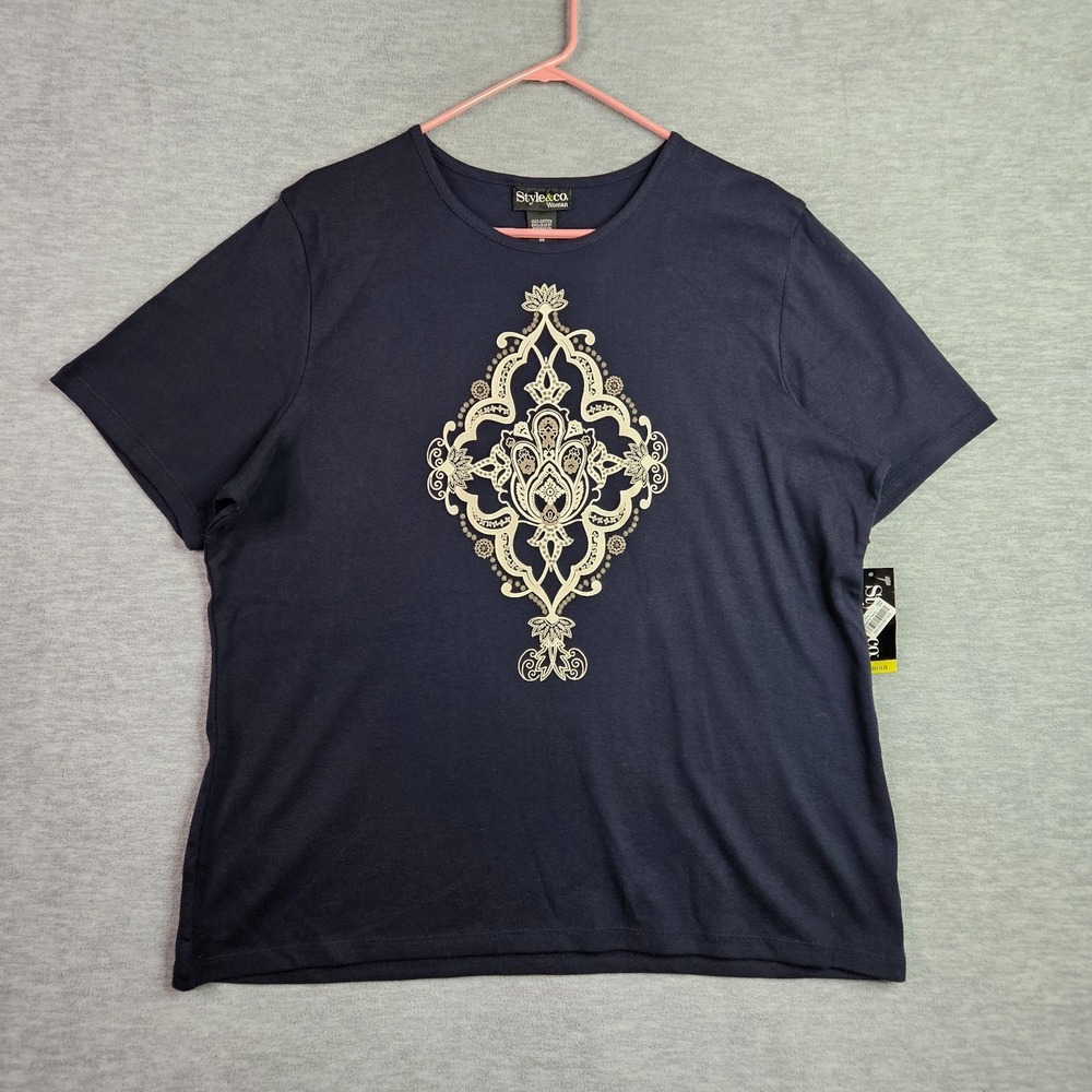 Style & Co Women Navy Graphic T-Shirt 100% Cotton Short Sleeve Size 2X